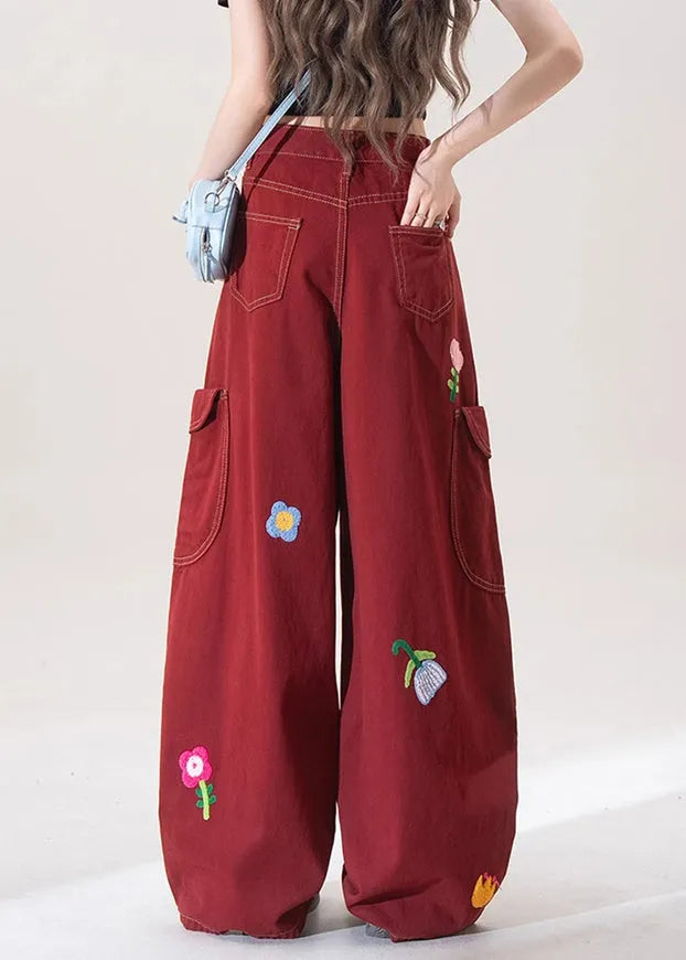 Unique Red Embroidered Pockets Denim Wide Leg Pants Spring