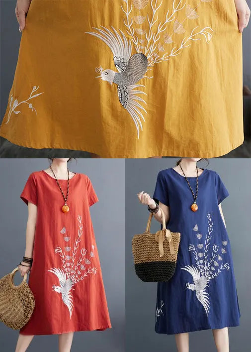 Yellow Embroidered Linen a Line Dress Summer