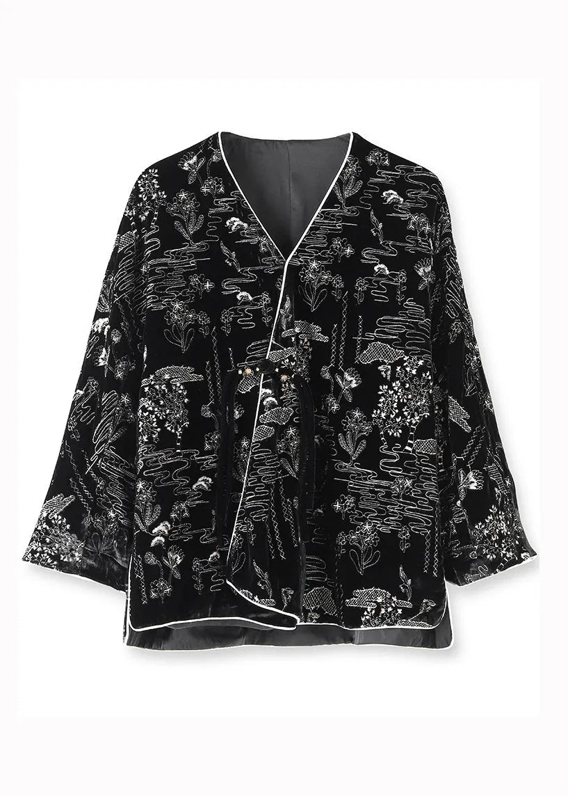 Black V Neck Jacquard Patchwork Silk Velour Coats Fall