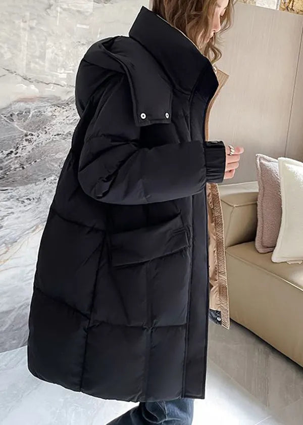 Black Zippered Hooded Pockets Duck Down Coat Winter