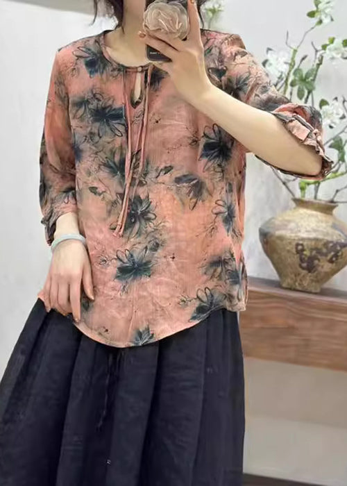 Pink Print Button Linen T Shirts Half Sleeve