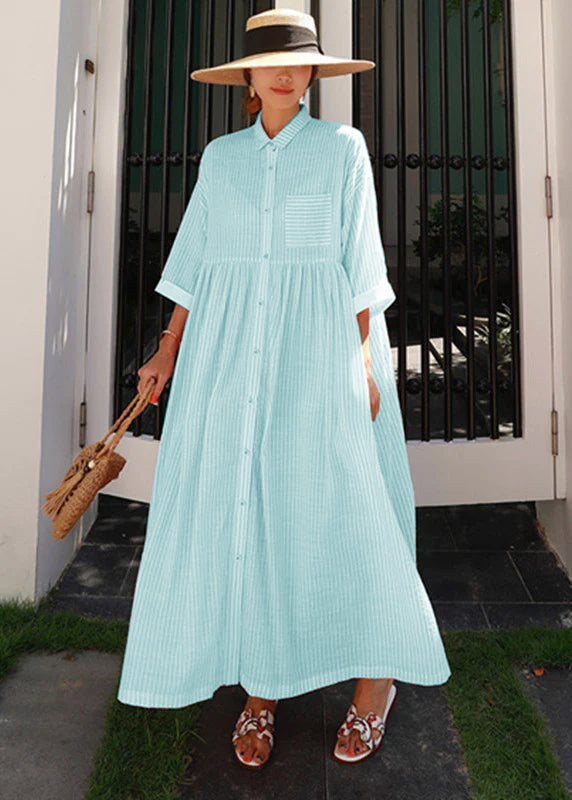 Grey Peter Pan Collar Striped Button Pockets Wrinkled Long Dresses Half Sleeve