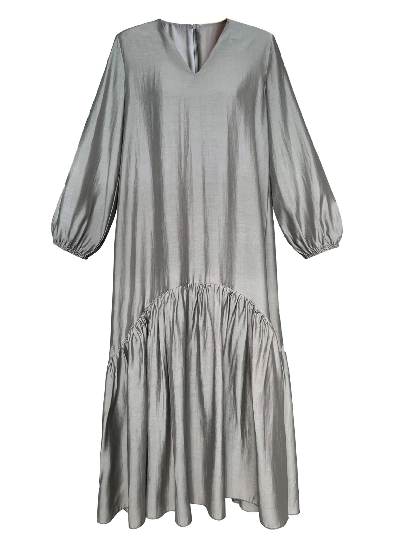 French Apricot V Neck Wrinkled Patchwork Cotton Long Dresses Fall