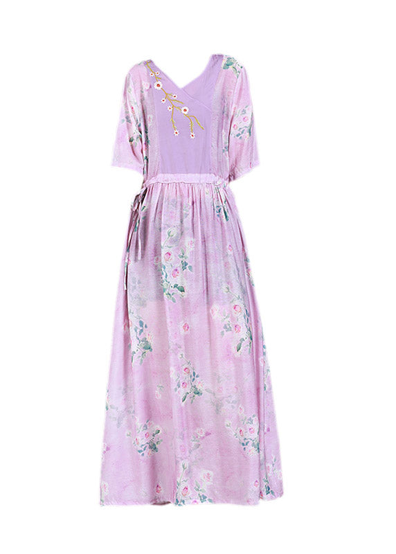 Pink V Neck Embroideried Drawstring Tie Waist Silk Vacation Dresses Short Sleeve