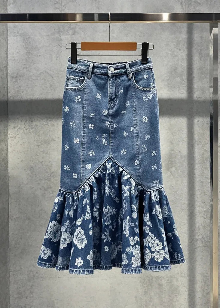 Blue Print Silm Fit Denim Wraped Skirts Fall