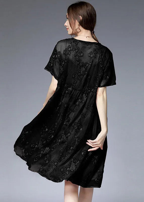 Black O-neck Embroideried Patchwork Dresses Two Pieces Set Summer