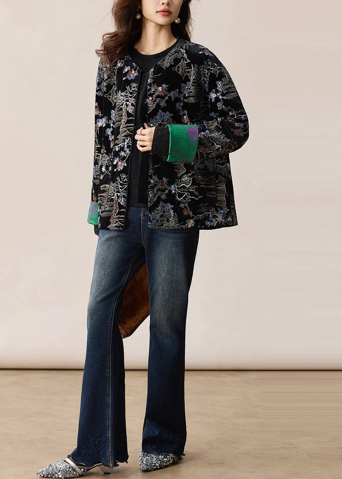 Black Embroidered Sequins Silk Velvet Coats Winter