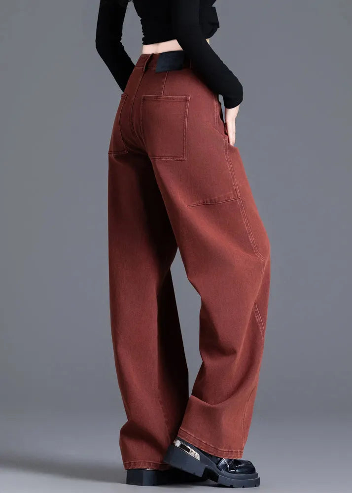 Red Pockets High Waist Denim Wide Leg Pants Spring