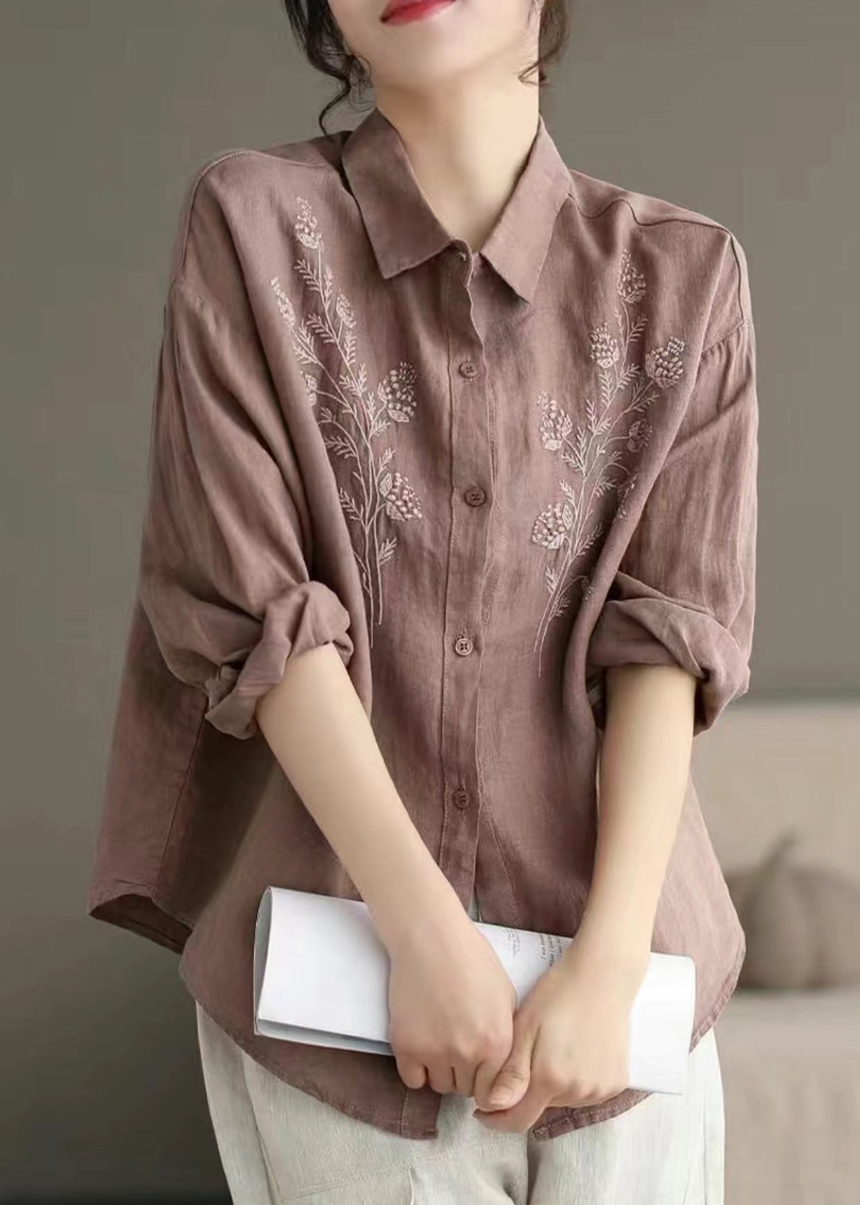 Yellow Peter Pan Collar Embroidered Button Cotton Blouse Spring