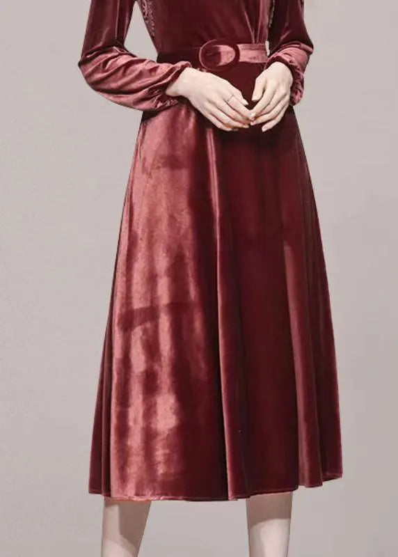 Brick Red Lace Tunic Patchwork Velour Long Dresses Fall