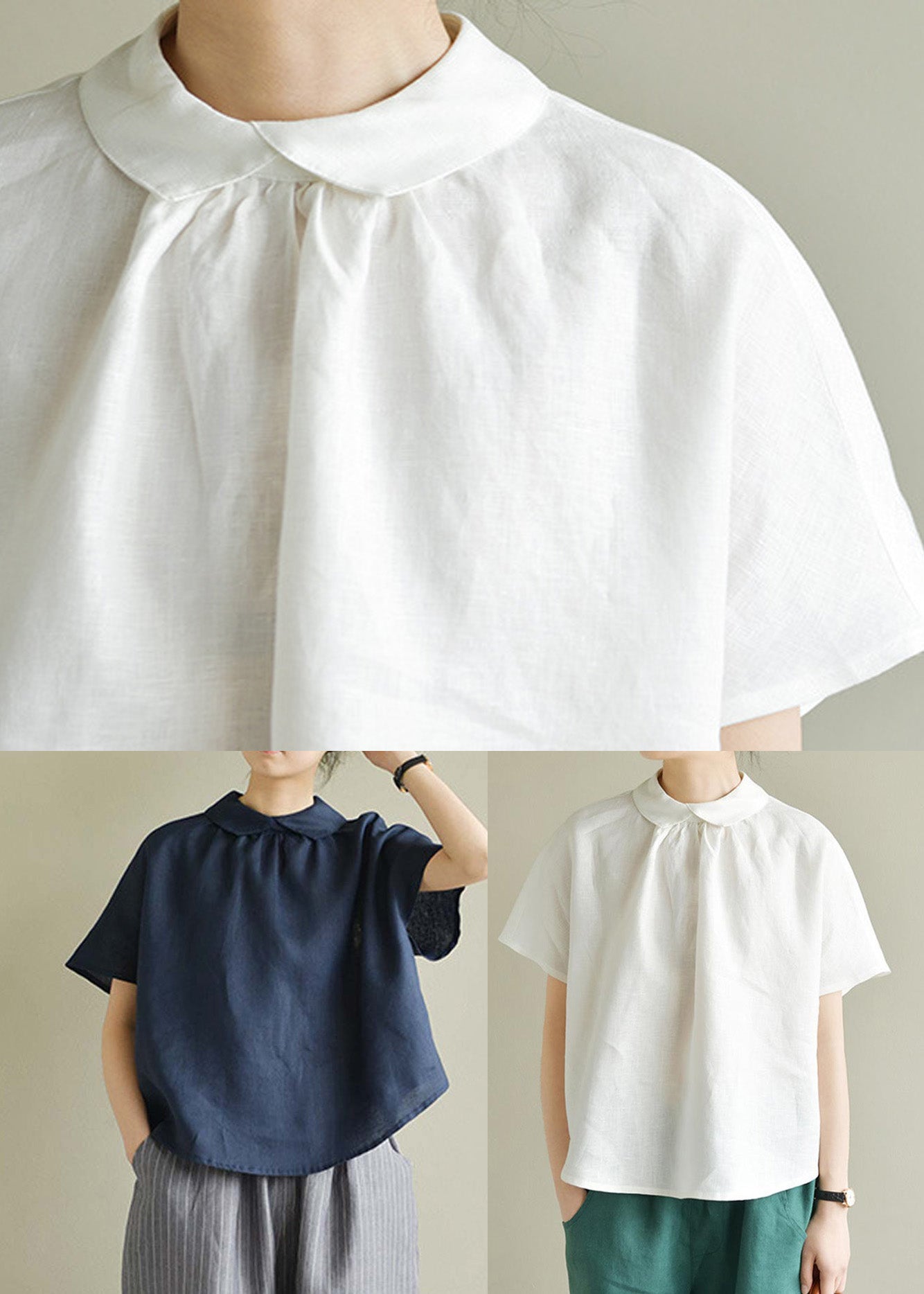 Navy Blue Patchwork Cozy Linen Top Short Sleeve
