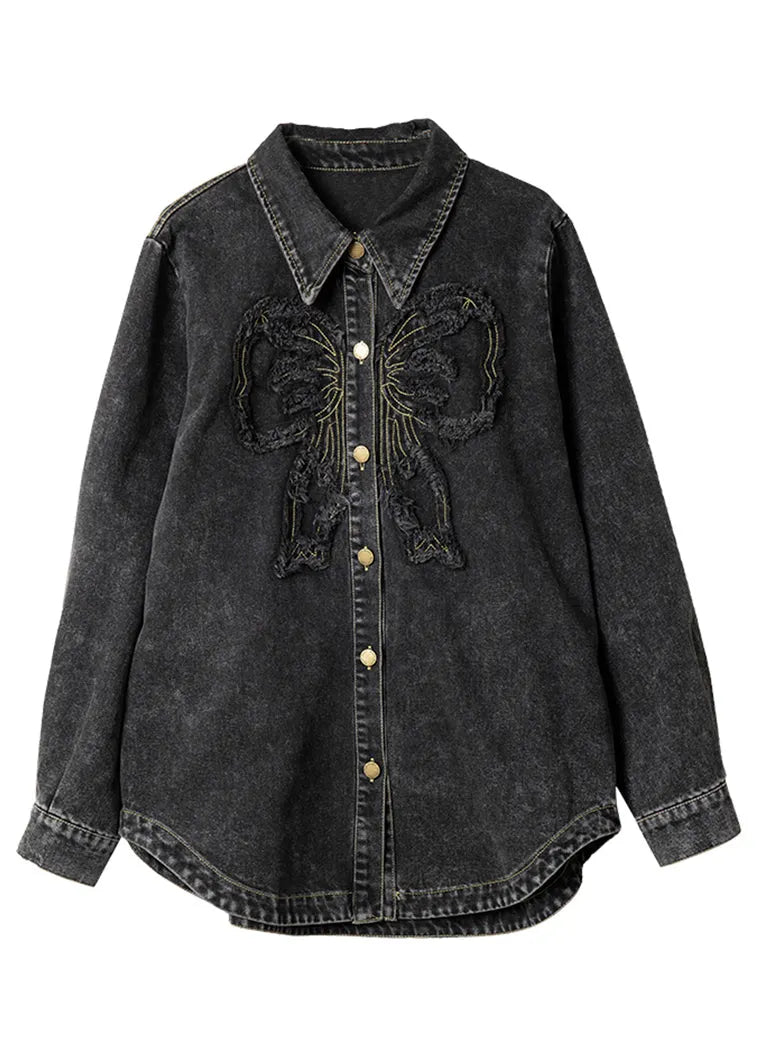 Black Peter Pan Collar Patchwork Button Denim Coats Spring