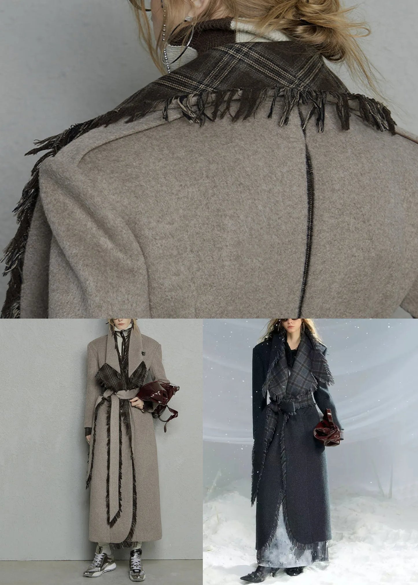 French Dark Gray Peter Pan Collar Plaid Woolen Long Coat Fall