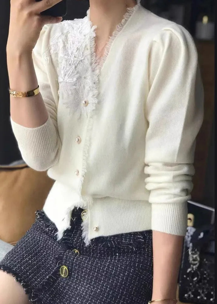 White V Neck Tasseled Embroidered Woolen Cardigan Fall