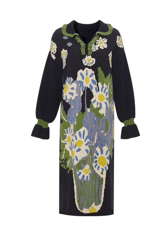 Black V Neck Print Ruffled Patchwork Cotton Knit Long Dress Fall