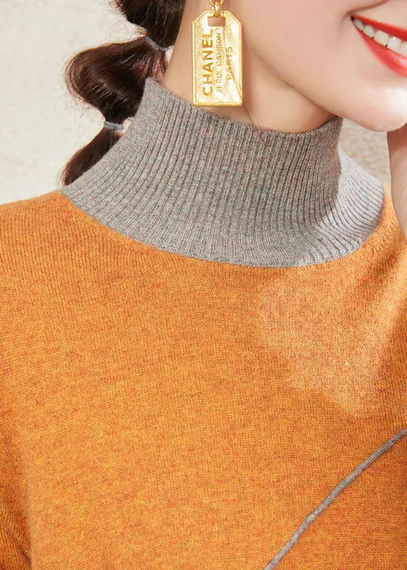 Yellow Stand Collar Patchwork Woolen Dresses Fall