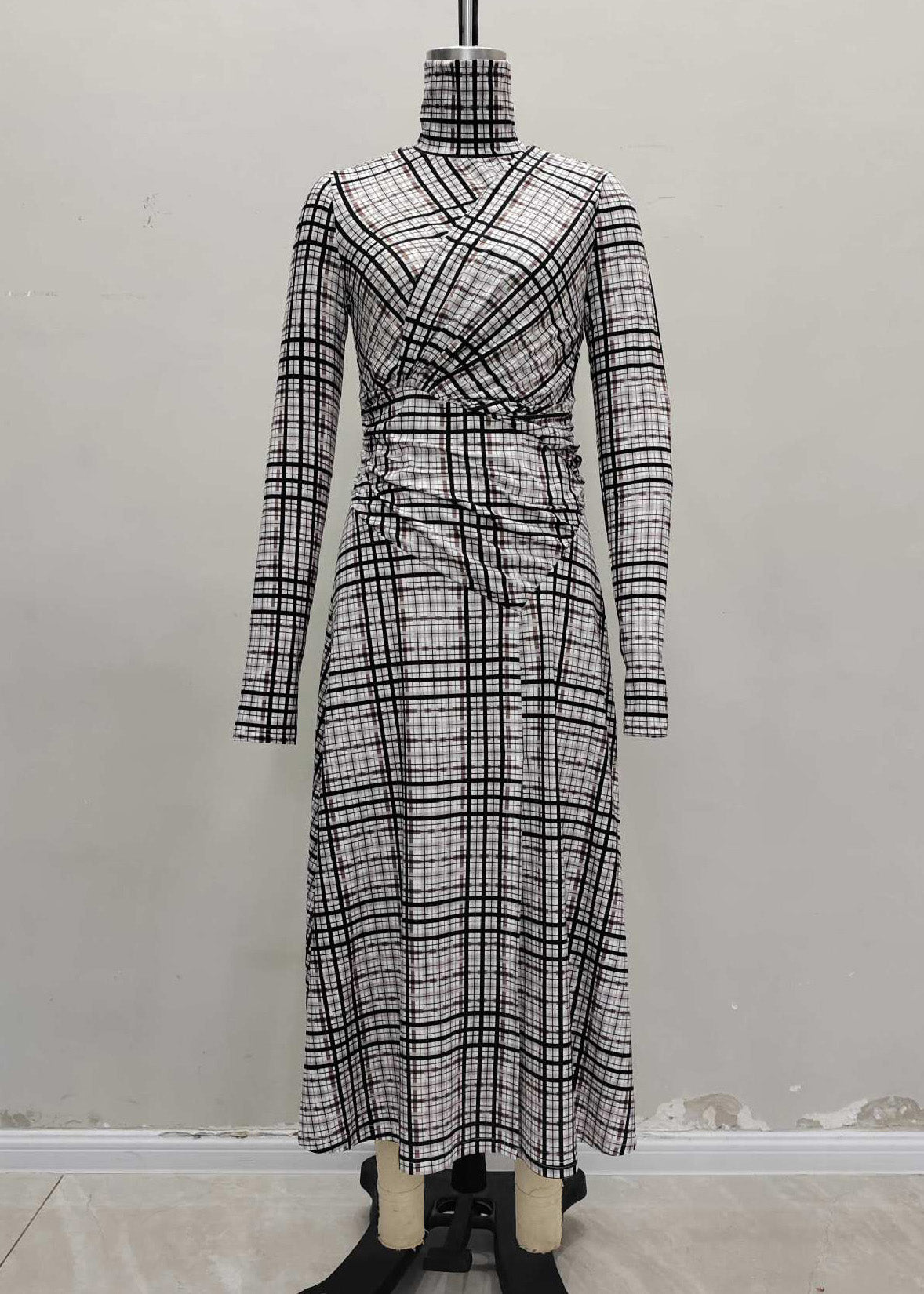 Hign Neck Plaid Patchwork Cotton Long Dresses Spring