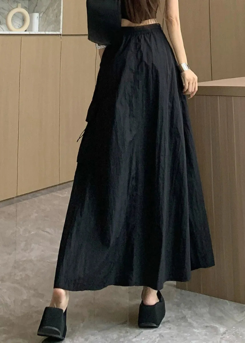 Black Pockets Drawstring High Waist Cotton Skirts Summer