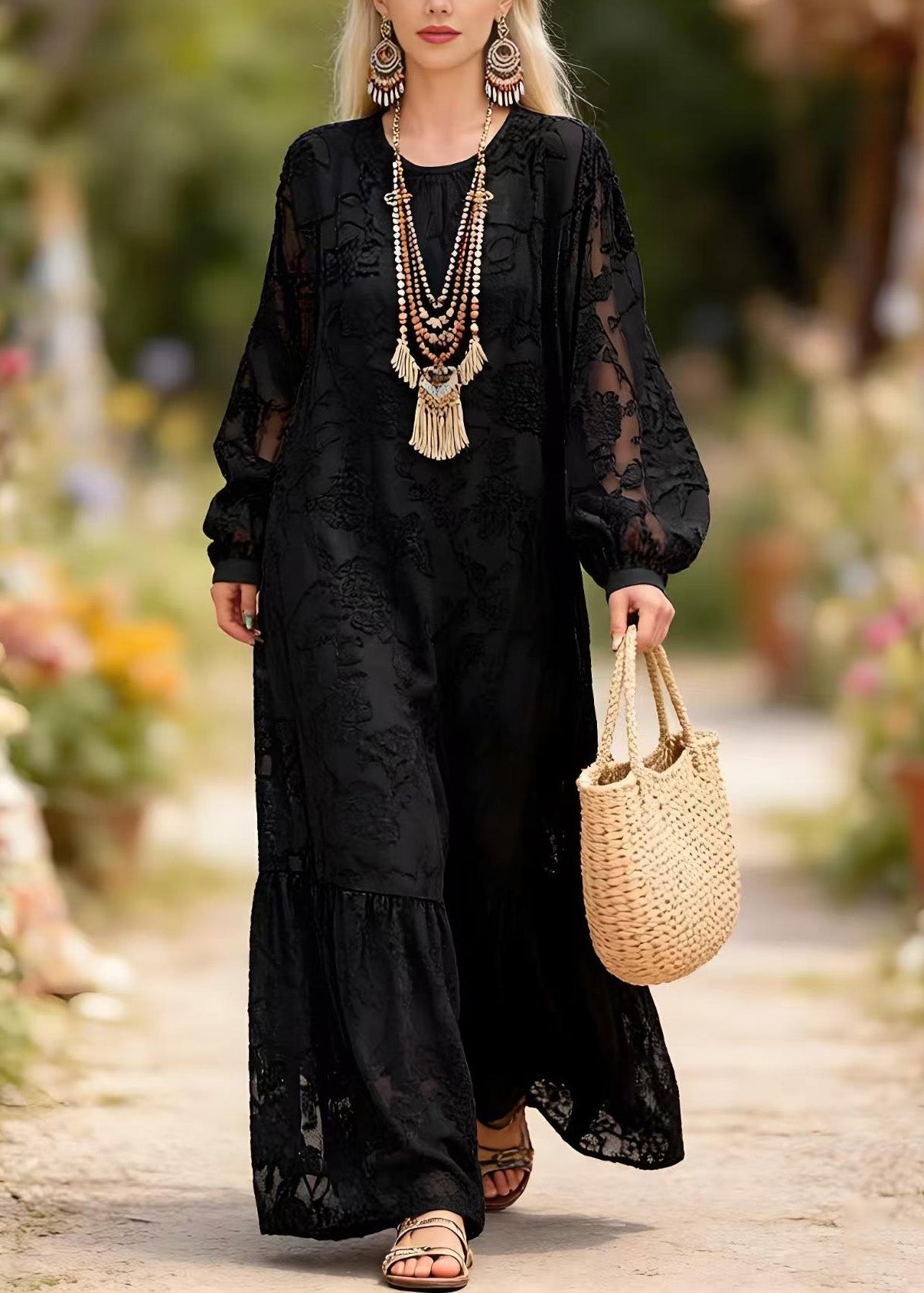 Black O Neck Embroidered Lace Long Dress Spring