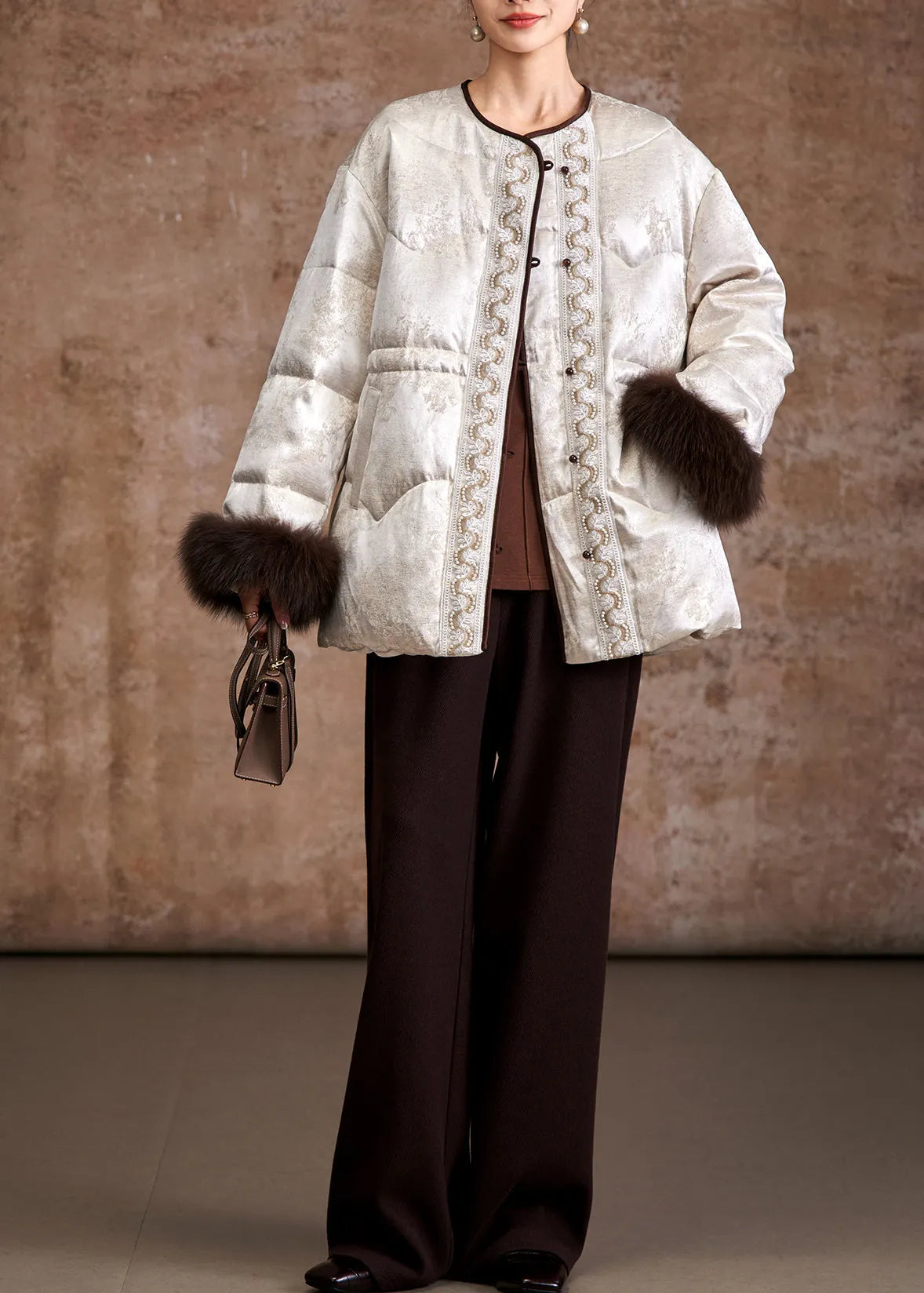 Handmade Beige Embroidered Nail Bead Fox Hair Duck Down Puffer Jacket Winter