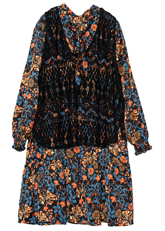 Style Black V Neck Print Chiffon Shirt Dress and Vest Two Piece Set Spring