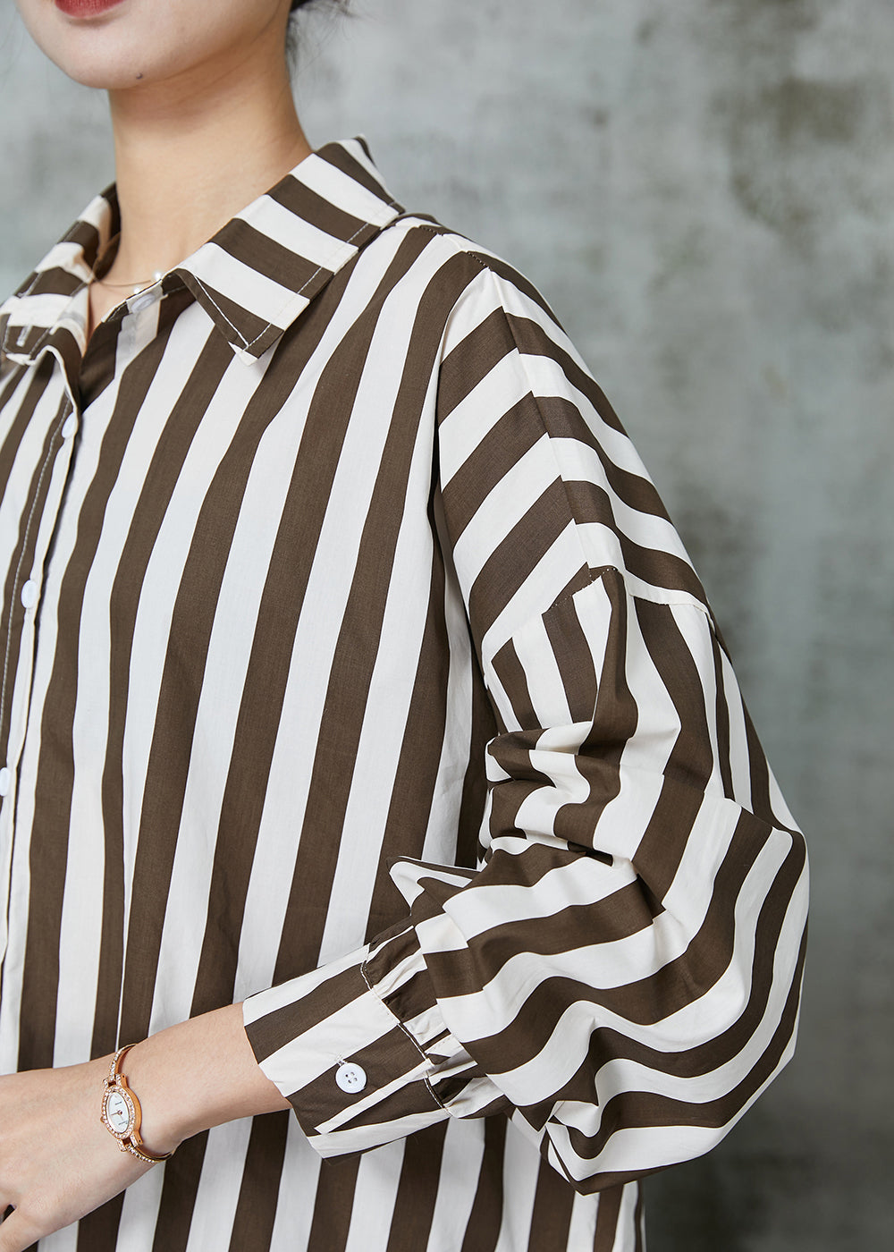 Khaki Oversized Striped Cotton Shirt Tops Spring