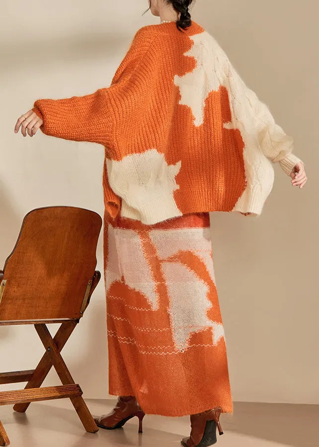 Orange Print Ma Hai Mao Knitted Two Piece Set Outfits Fall