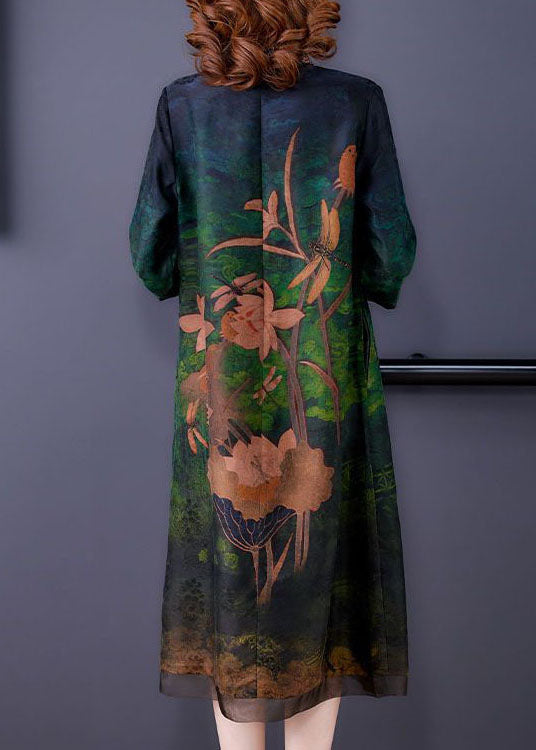 Green Embroideried Patchwork Zippered Silk Dresses Bracelet Sleeve