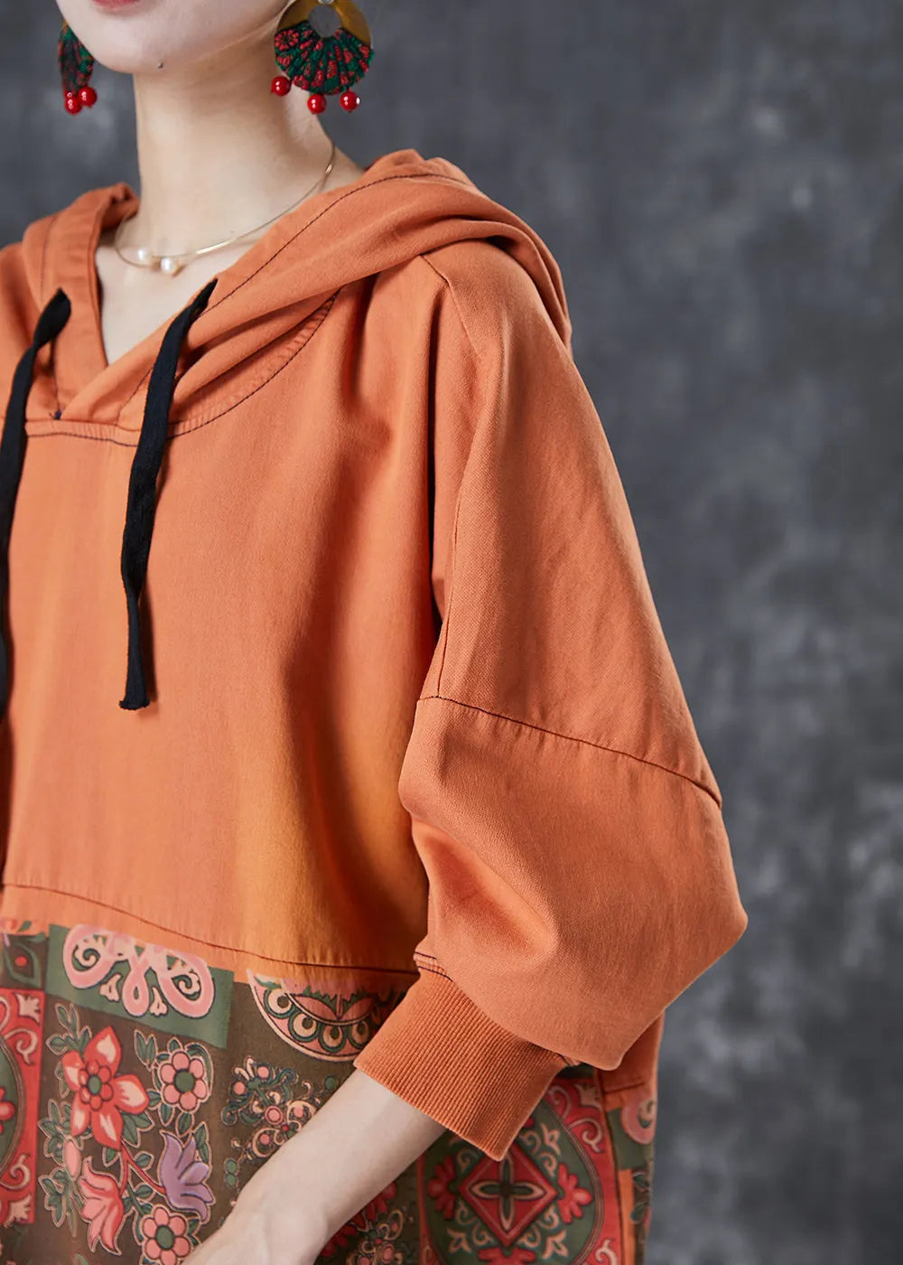 Orange Oversized Patchwork Cotton Pullover Sweatshirt Dress Fall