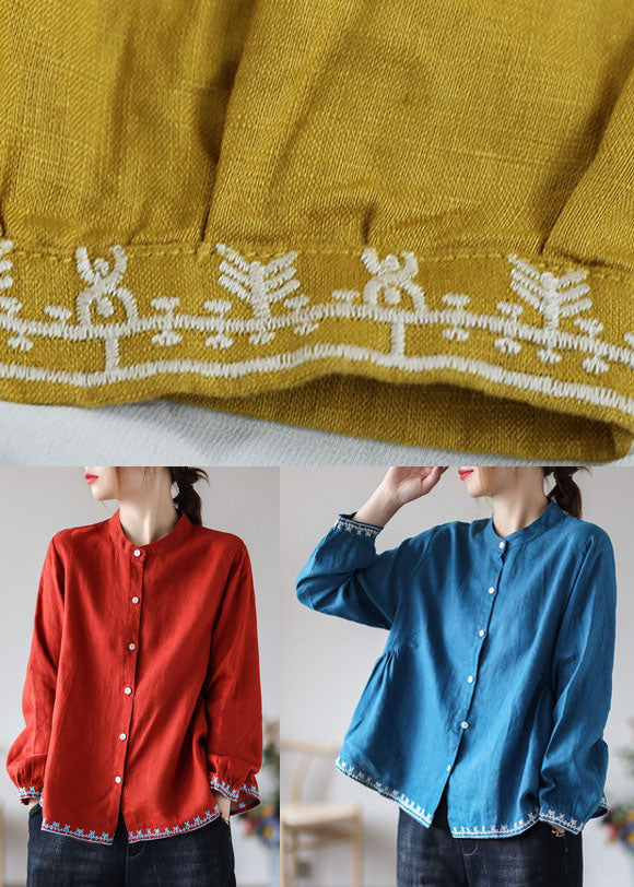 Style Red Embroideried Wrinkled Fall Top Long Sleeve
