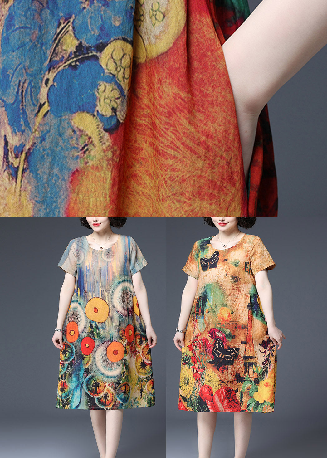Butterfly Print O-neck Cotton Dress Short Sleeve