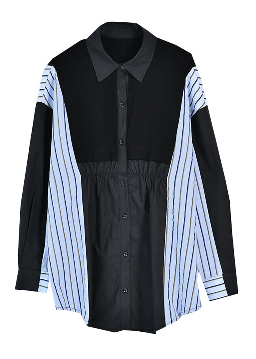 Black Peter Pan Collar Wrinkled Striped Patchwork Low High Design Button Cotton Shirt Long Sleeve
