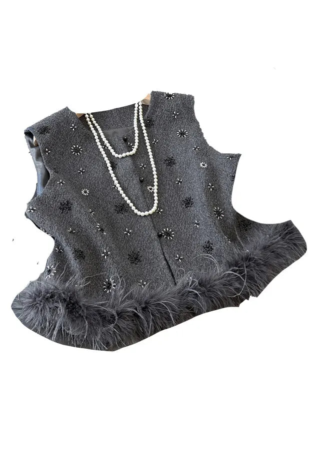 French Grey Sequins Fuzzy Fur Fluffy Waistcoat Fall