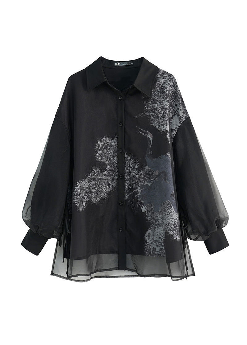 Stylish Black Layered Patchwork Red-crowned Crane Print Tulle Shirts Fall