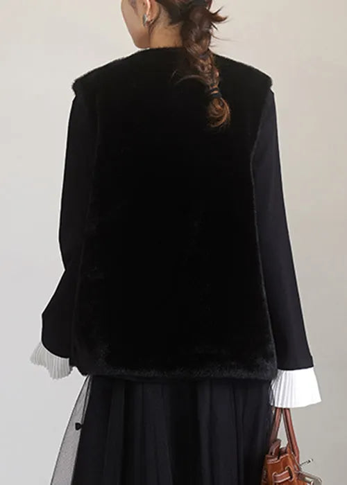 New Coffee Button Pockets Leather and Fur Waistcoat Sleeveless