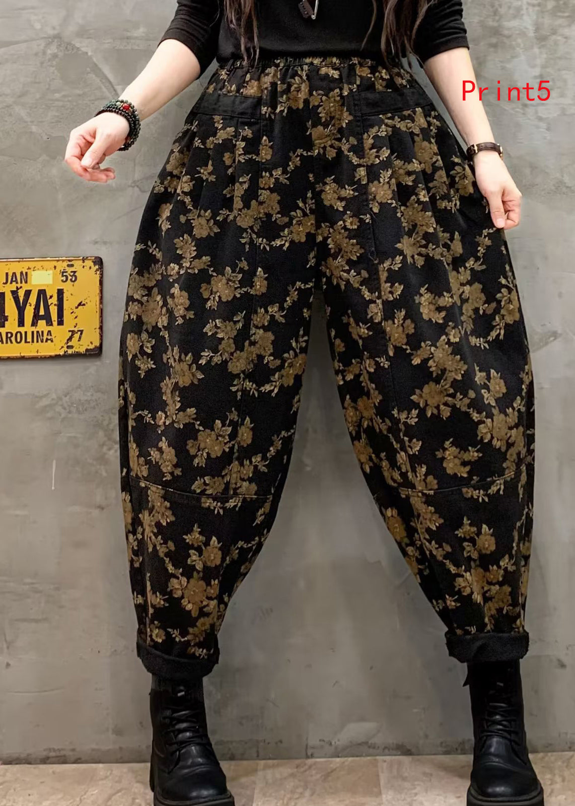 Print Elastic Waist Denim Harlan Pants Autumn