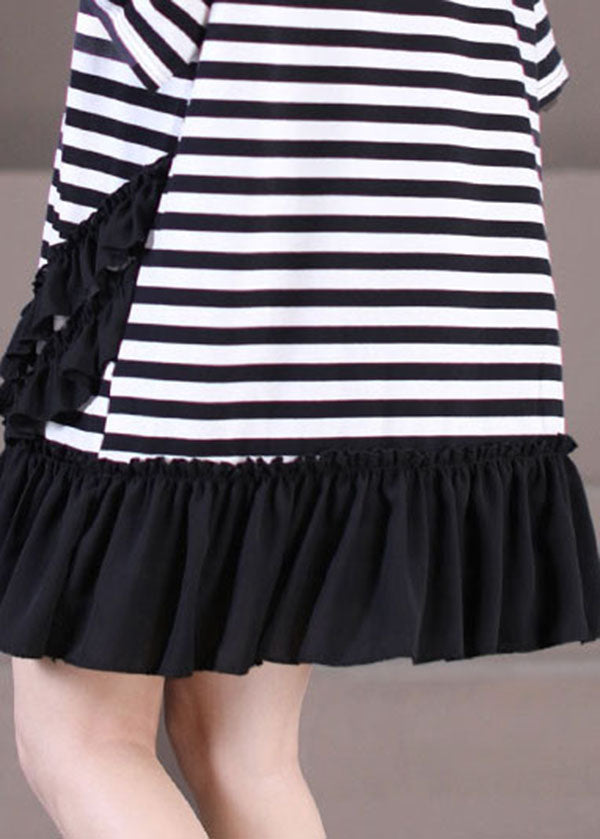 Italian Black White Striped O-neck Patchwork Ruffled Robe Dresses Short Sleeve
