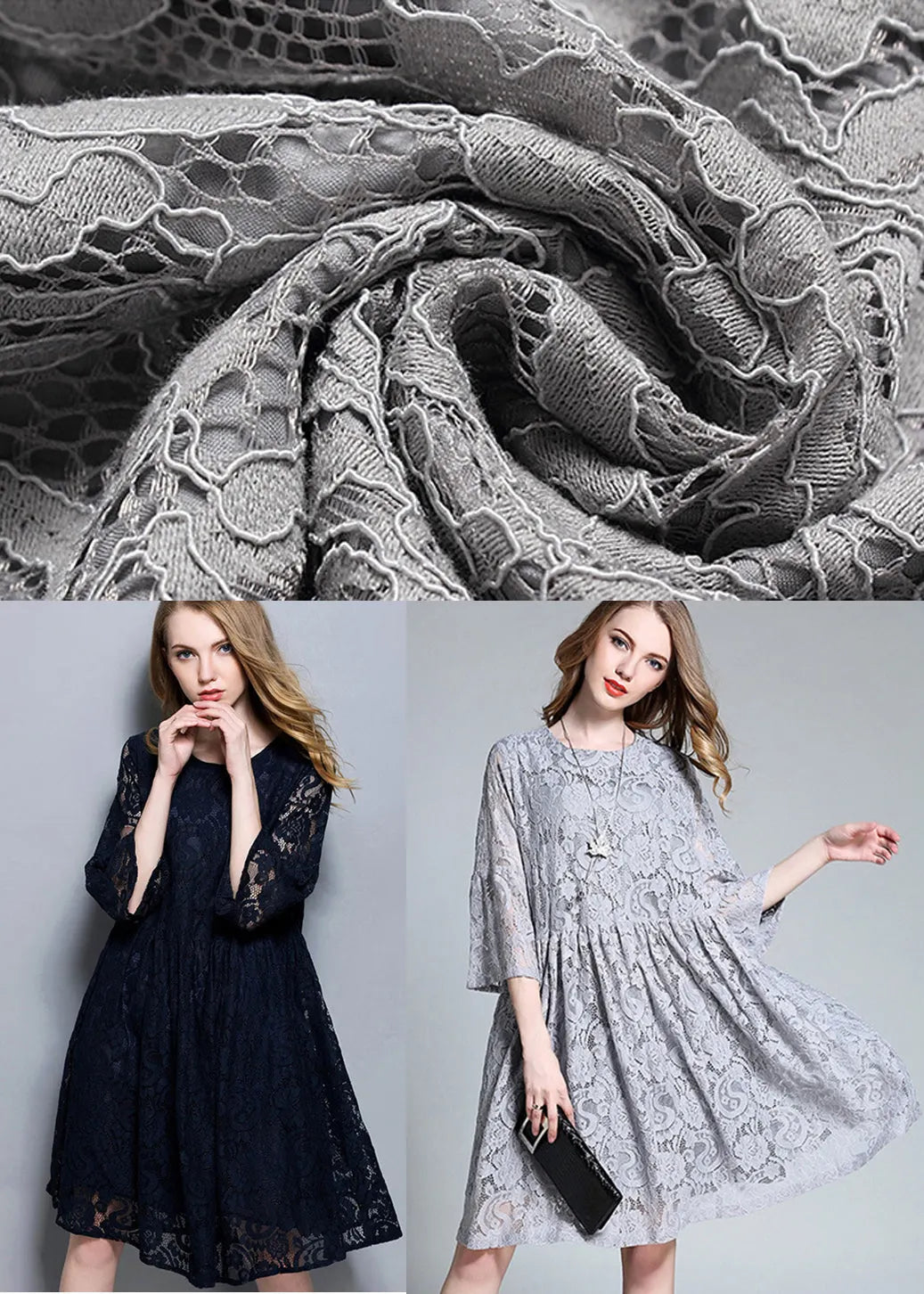 Navy Patchwork Lace a Line Dress O-neck Oversized Summer