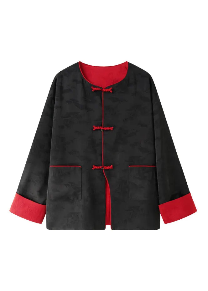 Black Pockets Button Jacquard Wear on Both Sides Silk Coats Fall