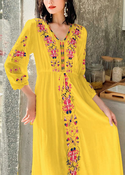 Yellow Embroidered Tie Waist Cotton Vacation Dresses Bracelet Sleeve