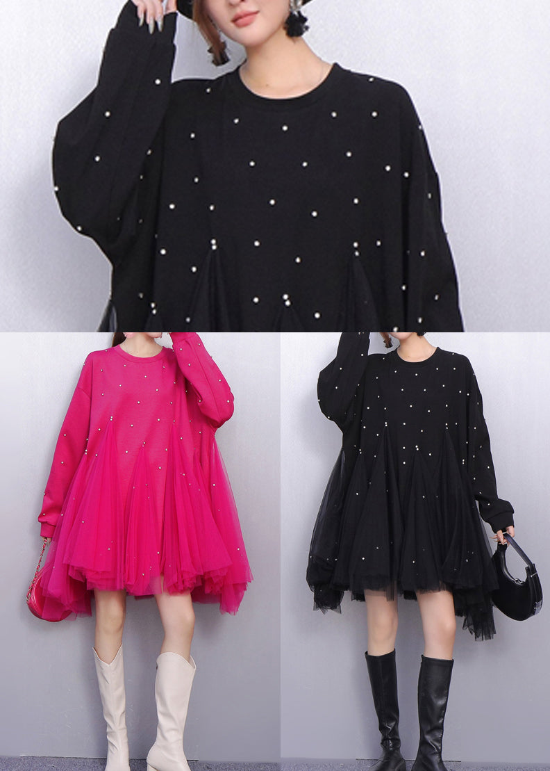 Black Patchwork Tulle Long Dresses Oversized Rhinestone Spring
