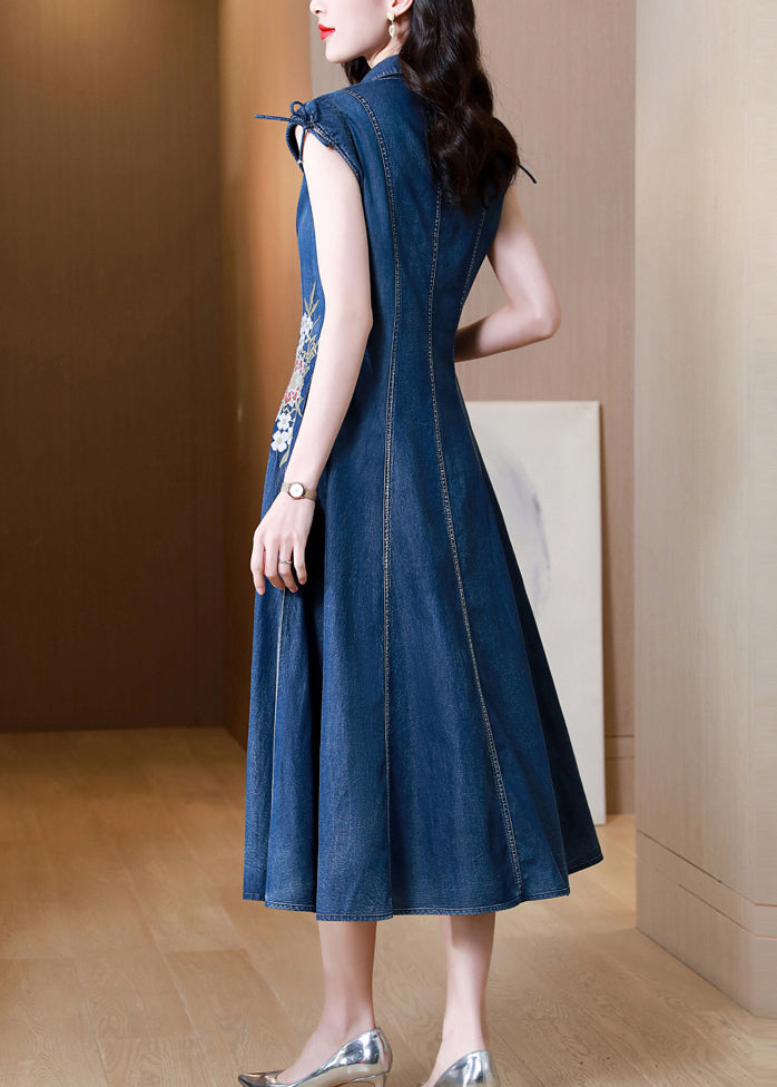 Blue Embroideried Pockets Patchwork Denim Dresses Summer