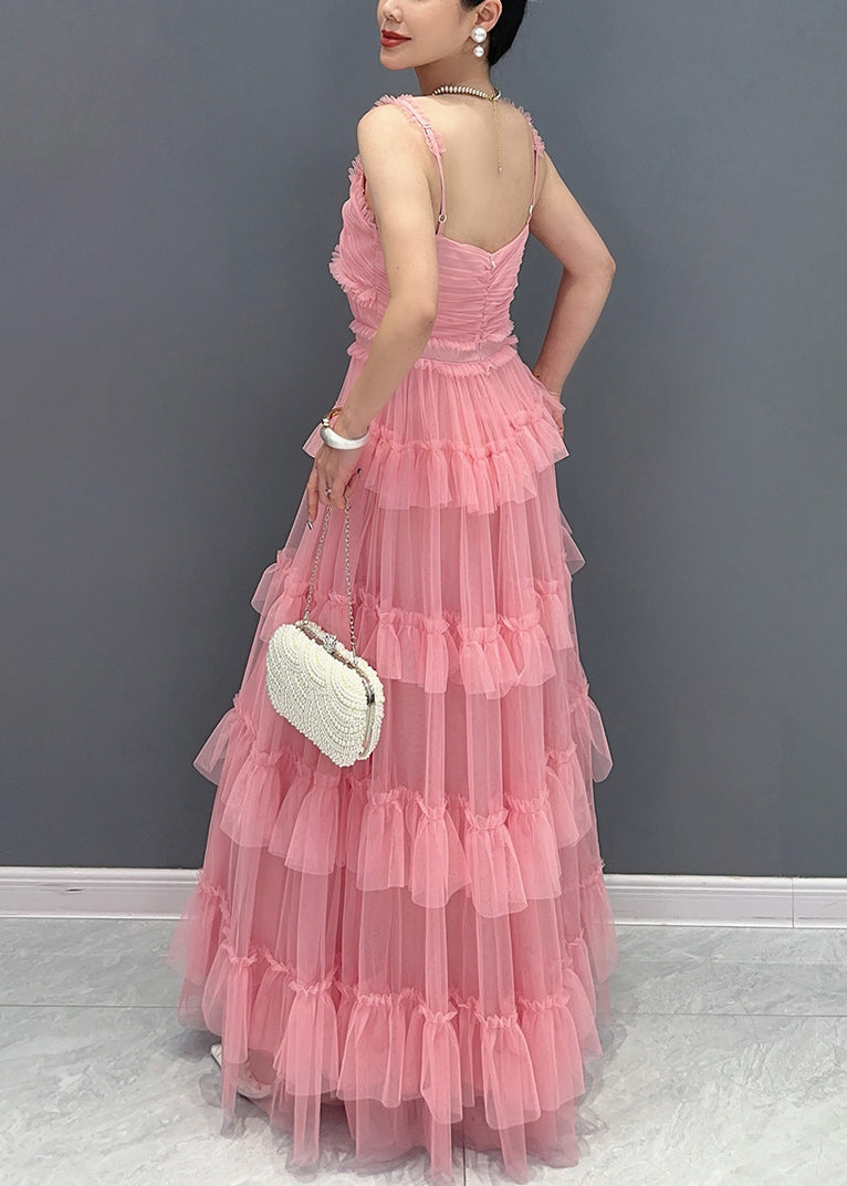 Pink V Neck Ruffled Tulle Spaghetti Strap Dress Sleeveless