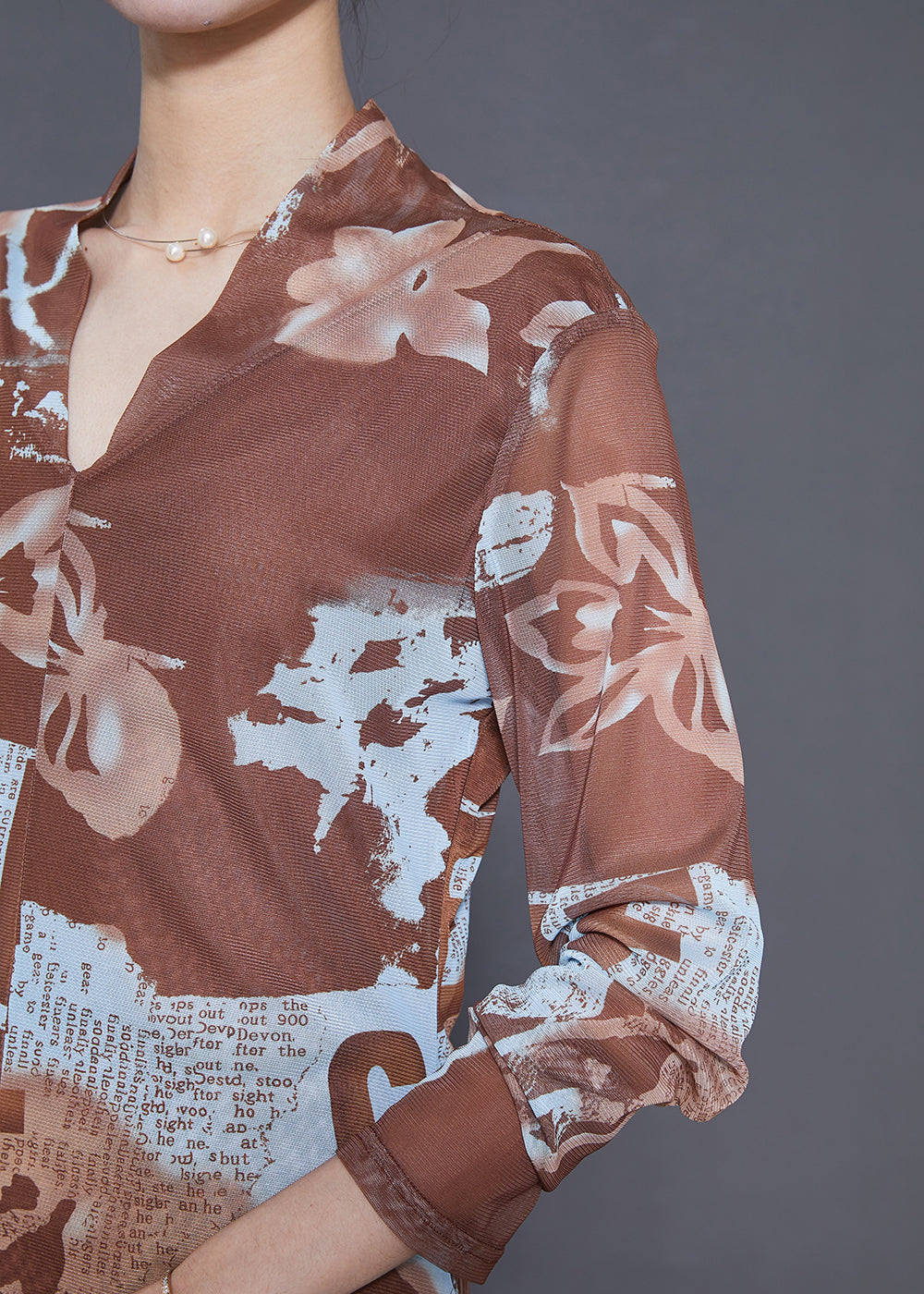 Khaki V Neck Print Tulle Shirt Tops Summer