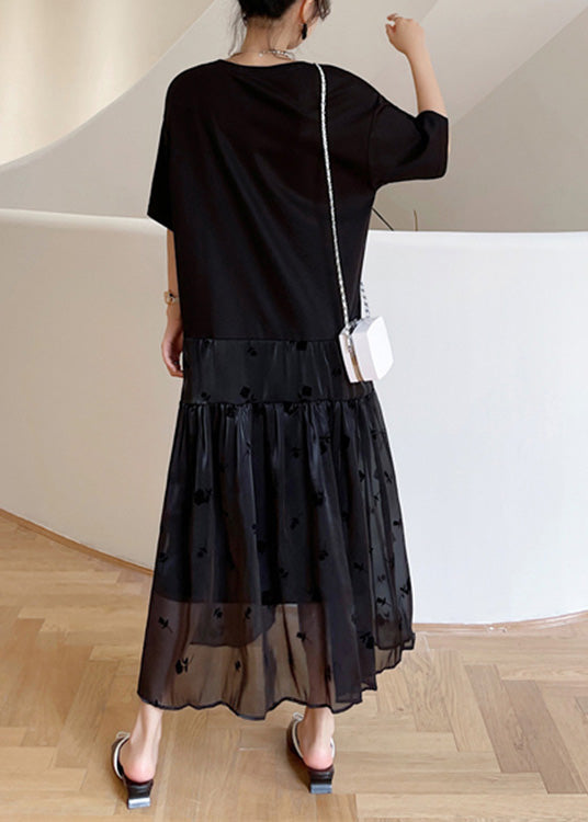 Black O-neck Bow Tulle Patchwork Cotton Maxi Dresses Summer
