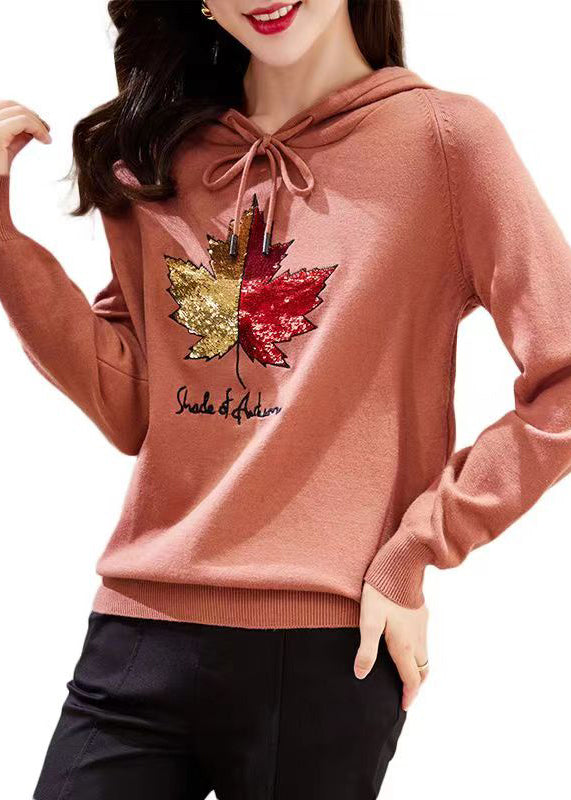 Rubber Red Hooded Embroideried Patchwork Cotton Top Fall