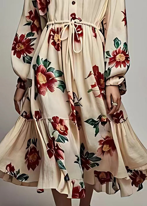Khaki V Neck Lace Up Print Cotton Maxi Dress Long Sleeve