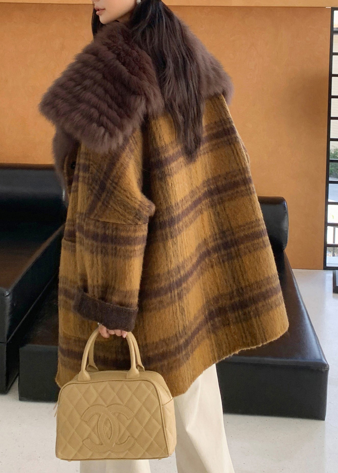 Yellow Fur Collar Plaid Pockets Wear on Both Sides Woolen Coats Fall