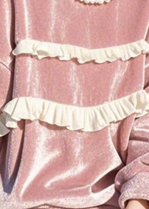 Loose Pink O-neck Ruffled Silk Velour T Shirts Winter