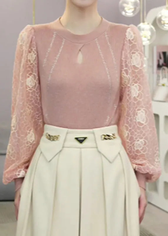 Pink Hollow Out Patchwork Knit Fake Two Piece Shirt Top Fall